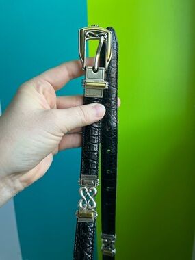 Black Croc-Embossed Leather Belt with Silver-Gold Swivel Hardware
